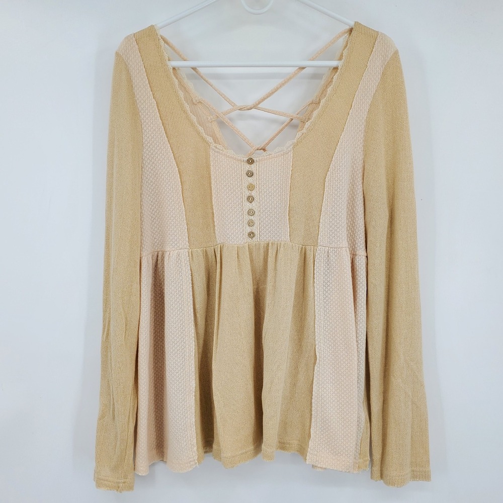 Time After Time Boho Colorblock Peplum Top‎ Tan Cream Strappy Back Large Peasant
